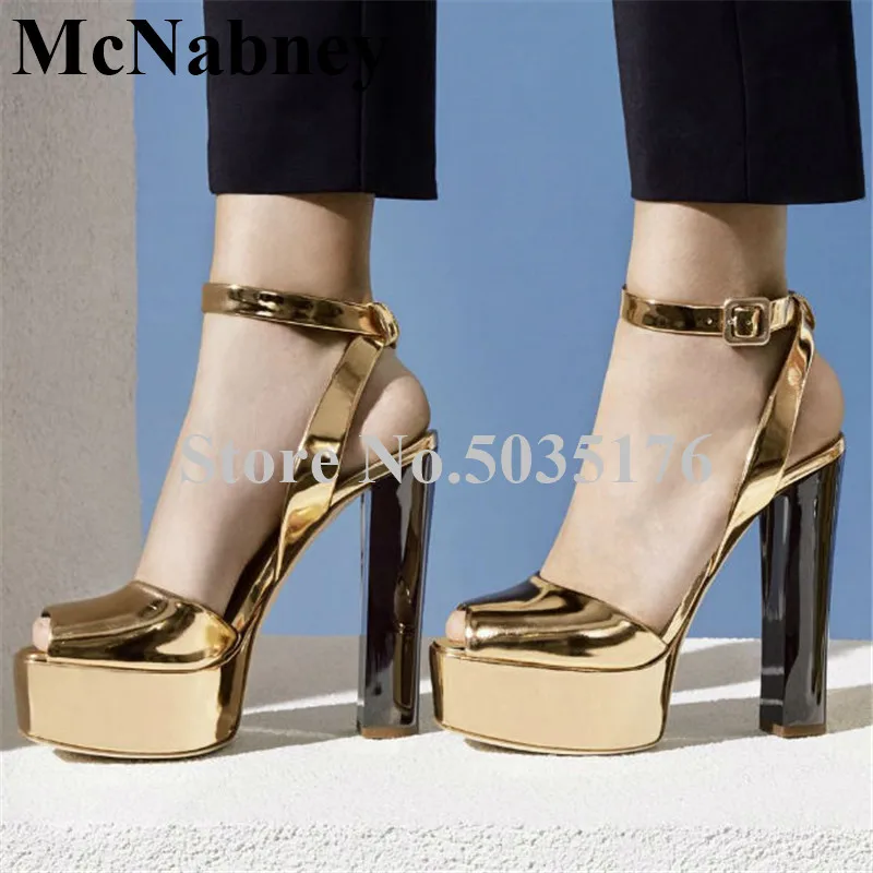 

2019 European Fashion Gold Silver Peep Toe High Platform Sandals Ankle Strap Buckle High Hoof Heel Sandals Dress Women Shoes