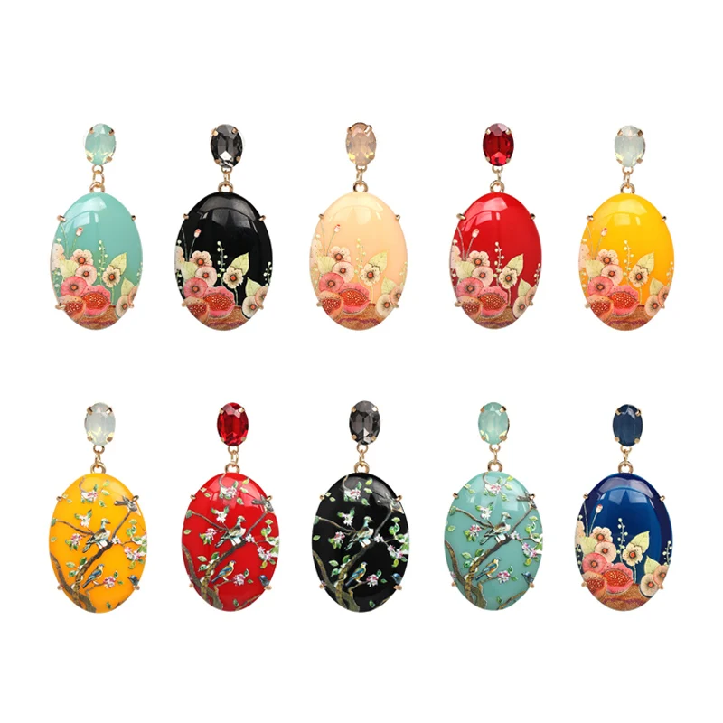 

2019 Long Geometric Resin Pendant Earrings for Women Flower Printed Acrylic Material Female Ear Jewelry Best Birthday Gift