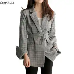 Для женщин блейзер 2018 серый плед офисные женские пиджаки Мода Элегантный Работа Костюм куртка с поясами корейский стиль Осень LT718S50