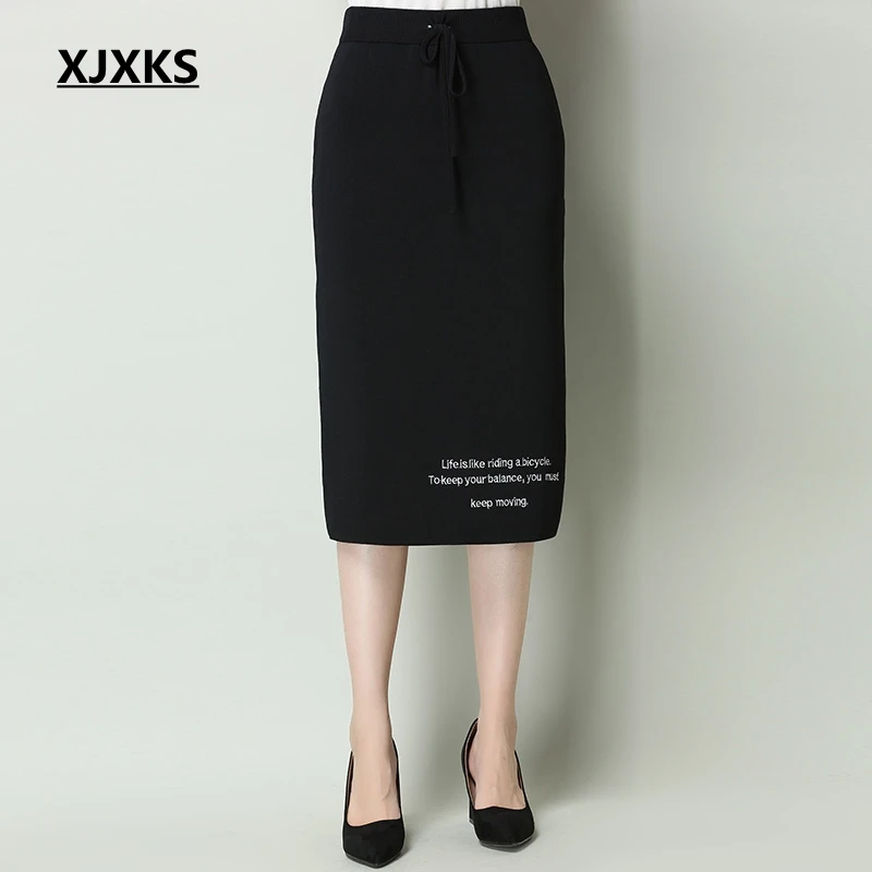 XJXKS 2019 Spring Summer New Young Skirt Knitted Long Black Section High Waist Modis Embroidery Letter Women Skirts | Женская одежда