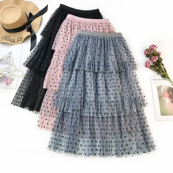 

Net yarn wave some cake pleated women skirts long female 2019 spring new sweet show thin fairy skirt girl waist 392