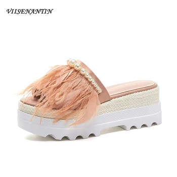 

VIISENANTIN 2019 Summer New Thick-bottomed Sponge Cake Pearl Feather Slippers Women's Fashion Wear High-heeled Pink White Slides