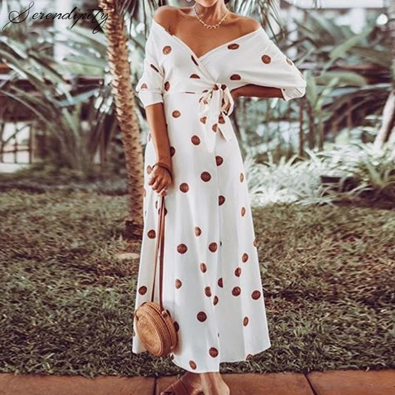 

SRDP Sexy Polka Dot Print Deep V Neck Dress Women White Summer Long Sash Elegant Dress Bohemian Beach Popular Holiday Vestidos
