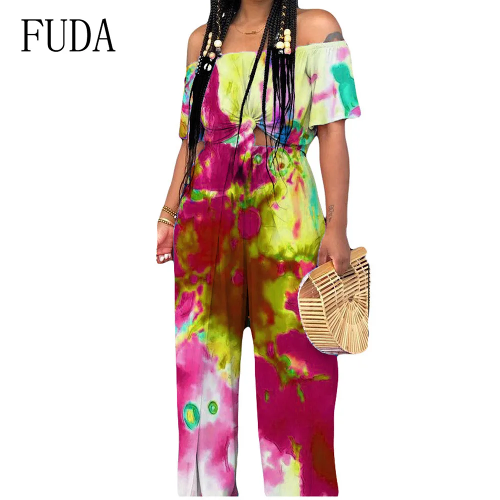 FUDA Tie-dye Printed Pants Sexy Fashion Pants Sets Elegant Off Shoulder Short Sleeve Casual Vintage Playsuits Women Rompers FUDA Tie-dye Printed Pants Sexy Fashion Pants Sets Elegant Off Shoulder Short Sleeve Casual Vintage Playsuits Women Rompers
