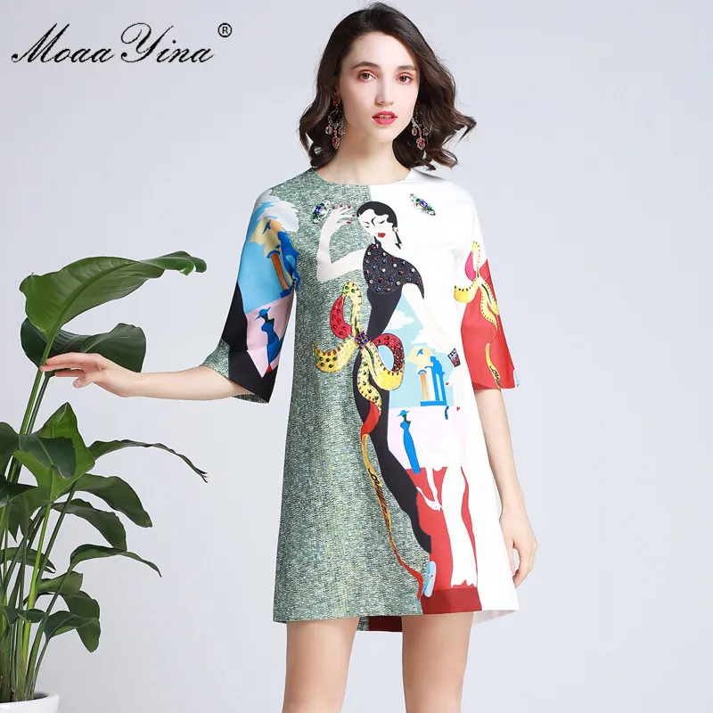 

MoaaYina Fashion Designer Runway dress Spring Summer Women Dress Half sleeve Beauty Print Diamond Casual Elegant Dresses