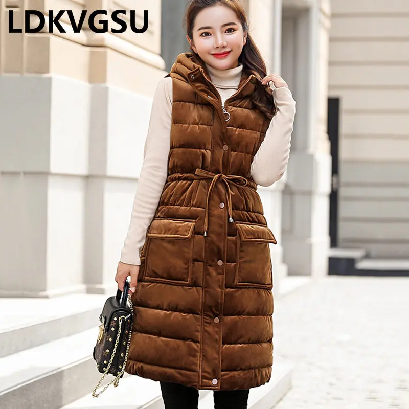 Длинные золотые бархат парки жилет Для женщин Корейский осень-зима Твердые капюшоном толстый теплый жилет куртка Женский Большой Размеры Is830 - Color: caramel vest