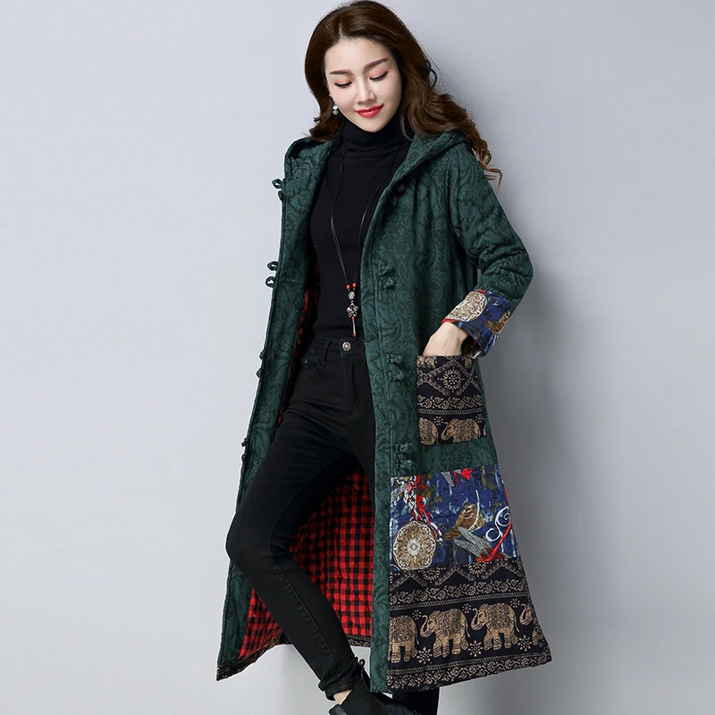 Winter Woman Coats 2018 New Chinese Style Hooded Printing Full Sleeve Loose Women Winter Coats And Jackets Oversize