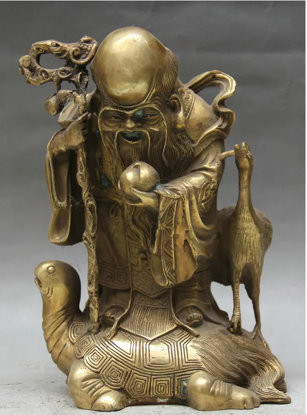 

hui88K792<<<8" Chinese Fengshui Brass Longevity Star Crane Bird Ride Tortoise Turtle Statue