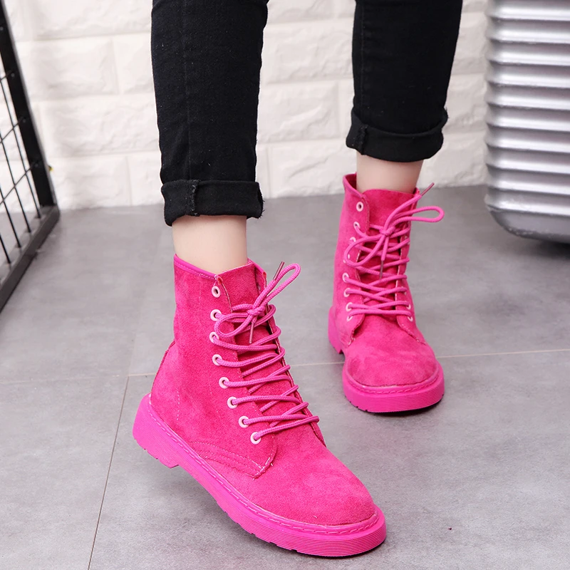 

Weweya Equestrian Boots Women Flock Ankle Boots Round Toe Platform Pink Boot Lace Up Autumn Winter Boot Botas Mujer Size 35-40