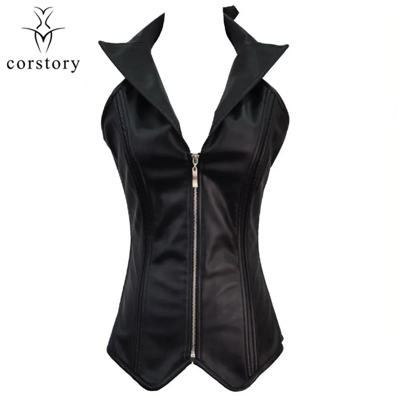 Corstory/черная блузка со шлейкой из искусственной кожи с глубоким v-образным вырезом, корсет и бюстье в стиле стимпанк, женский жилет а готическом стиле