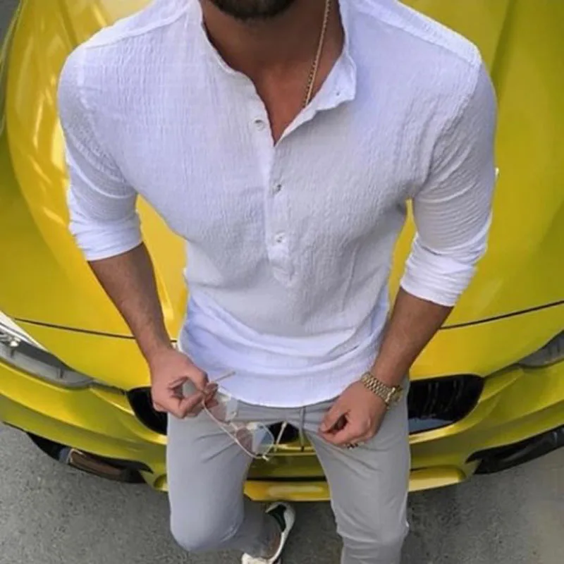 3XL 2019 однотонные белые свободные со стоячим воротником и пуговицы Для мужчин рубашки Slim Fit с длинными рукавами рубашки для Для мужчин летний