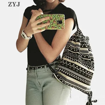 

ZYJ Casual Stripe Drawstring Backpack Bohemia Girls Linen Draw String Backpack Daypack Mochila Shopping Bag