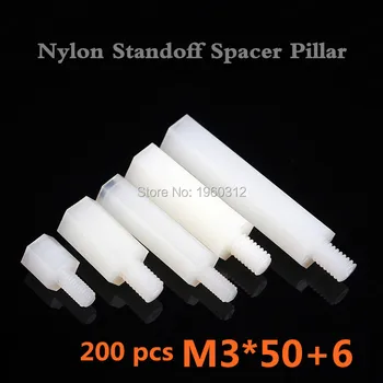 

200pcs/lot High Quality Male to Female Thread White M3 x 50mm + 6mm Nylon Hexagon Standoff Spacer Pillar