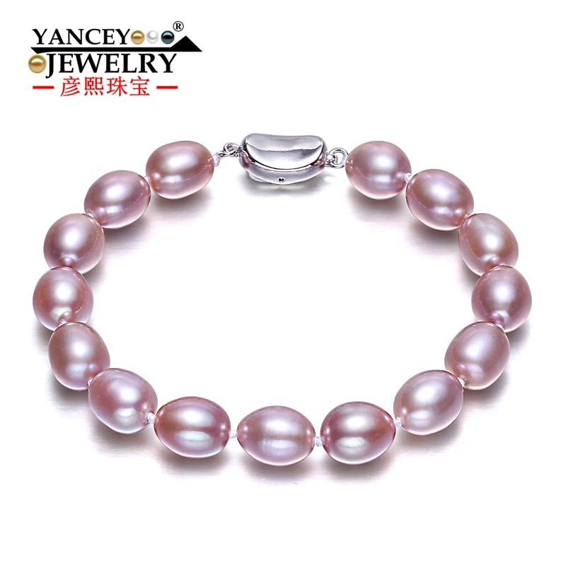 

YANCEY New natural 8-9mm white and purple and pink shaped bright light freshwater pearl bracelet fine jewelry, with S925 Silver