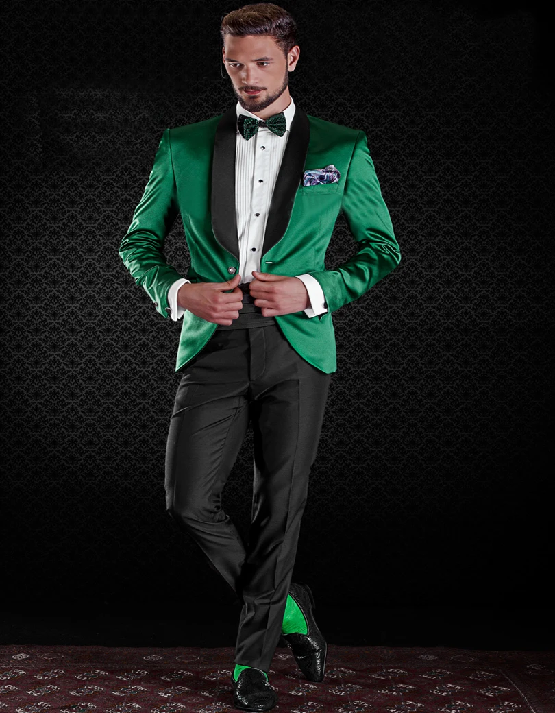 High Quality Custom Made Groom Tuxedos Handsome Slim Shiny Satin Green
