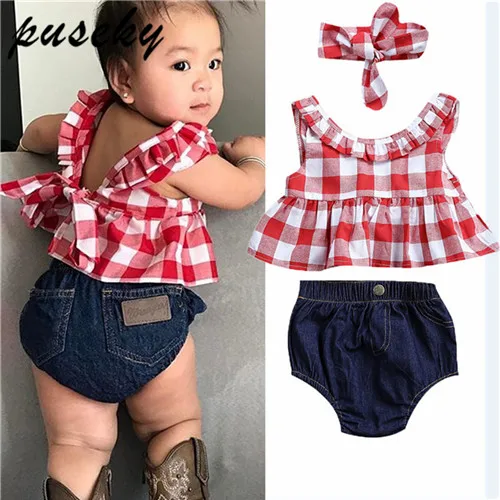 Puseky Newborn Toddler Baby Girls Clothing Ruffle Plaid Tops Shirt Demin Bowknot Shorts Headband Summer Cute Baby Clothes 0-24M