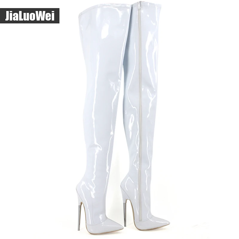 Jialuowei/ботинки из искусственной кожи на молнии с острым носком на очень высоком металлическом каблуке 7 дюймов; пикантные высокие сапоги до бедра в стиле унисекс; размеры 36-46
