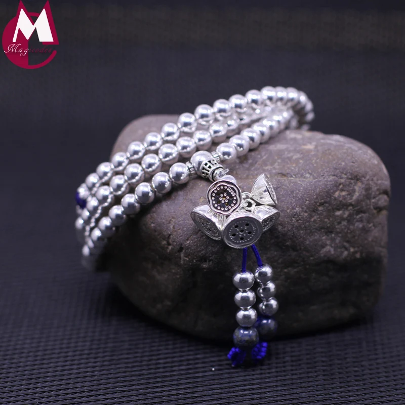 26cm Long 100% 925 Sterling Silver Round Beads Bracelet For Women Jewelry Lapis Handmade Lotus Seedpod Bracelets &Bangle SB44