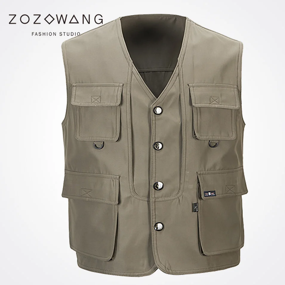 New Zozowang solid casual Single Breasted loose spring autumn vest men fashion Big pocket short 2XL waist coat men Khaki New Zozowang solid casual Single Breasted loose spring autumn vest men fashion Big pocket short 2XL waist coat men Khaki