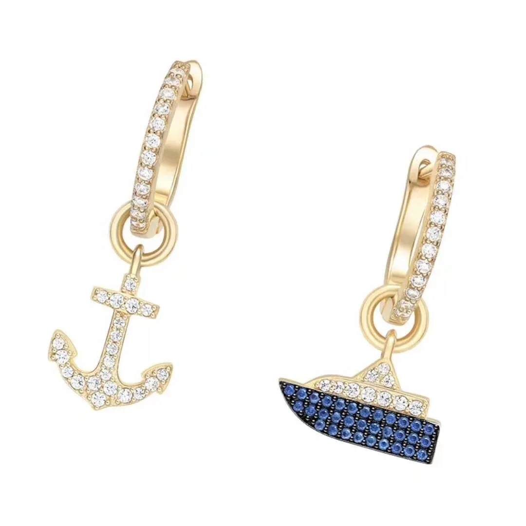

SLJELY Asymmetrical 925 Sterling Silver Blue Cubic Zirconia Stones Cruise ship and anchor Earrings Women Luxury Brand Jewelry