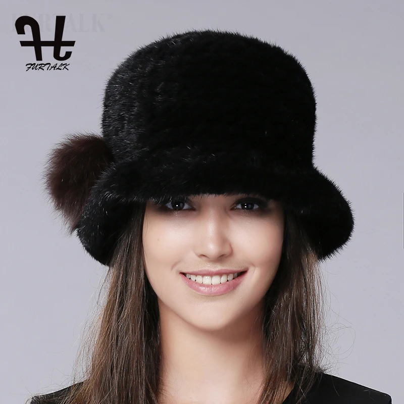 FURTALK Роскошные Трикотажные норки шляпа Fedora Ковша hat зимние меховые шапки для женщин