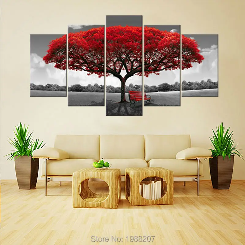 Amosi арт-5 панелей красное дерево холст живопись цветы Wall Art пейзаж работа Печать на