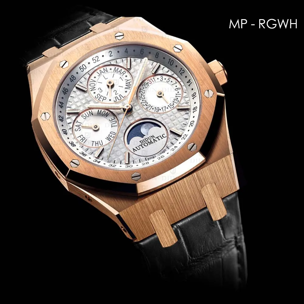 DIDUN watch Men Top Brand Luxury Mechanical Automatic Rose gold Watch Military Business Watch Moonphase Leather strap Wristwatch