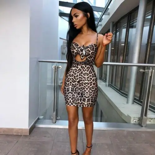 

Sexy Feme Strappy Leopard Bow Bodycon Mini Dress Strapless Hollow Slim High Waist Ladies Short Dress