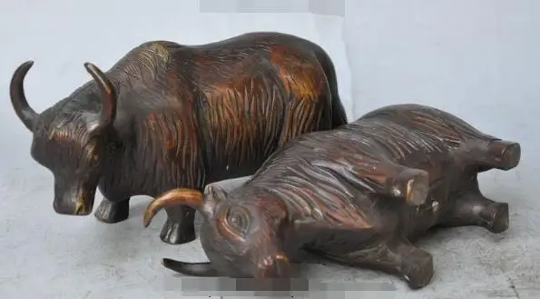 

S1353 7" marked chinese folk fengshui bronze animal Yak oxen Bos grunniens statue pair