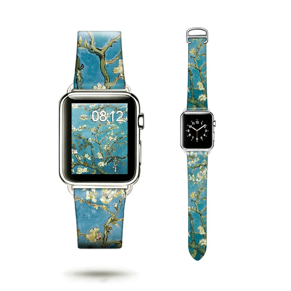 Художественный напечатанный кожаный ремешок Van Gogh для Iwatch, ремешок серии 5, 4, 3, 2, 1, цветочный ремешок для Apple Watch, ремешок 40 мм, 38 мм, 44 мм, 42 мм