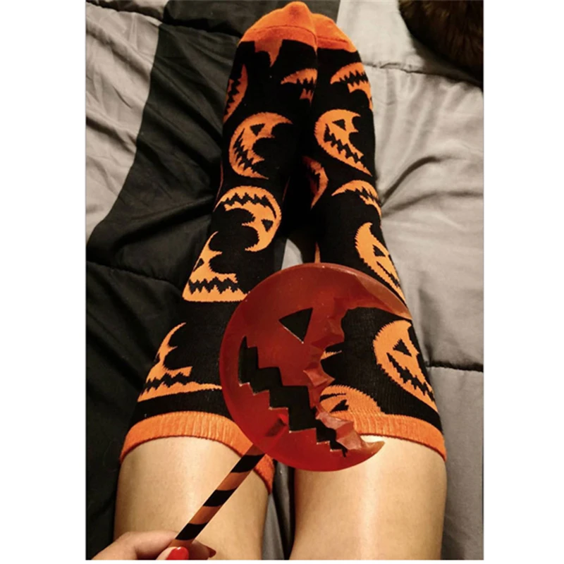 Fashion Halloween Pumpkin Stockings Women Cotton Black Orange Print