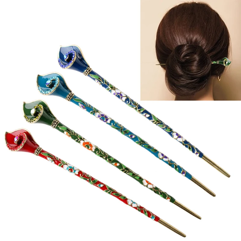 Women Metal Rhinestone Hair Chopsticks Hair Stick Hairpin Chignon Pin