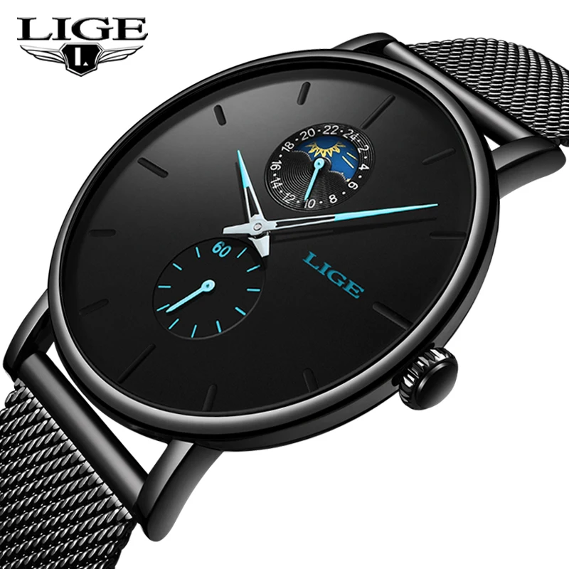 

2019 LIGE Fashion Mens Watches Top Brand Luxury Quartz Watch Men Casual Slim Mesh Steel Waterproof Sport Watch Relogio Masculino