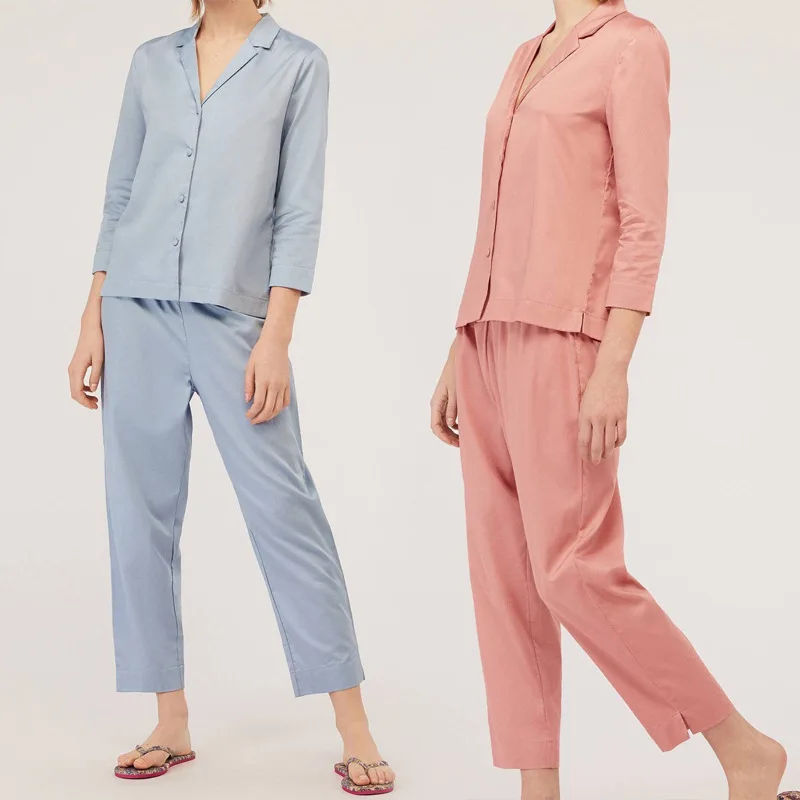 

Summer New Pajamas Women Pink Fog Blue Three Quarter Turn-down Collar Sexy Pijamas Loungewear Simple Comfortable Loose Pyjamas