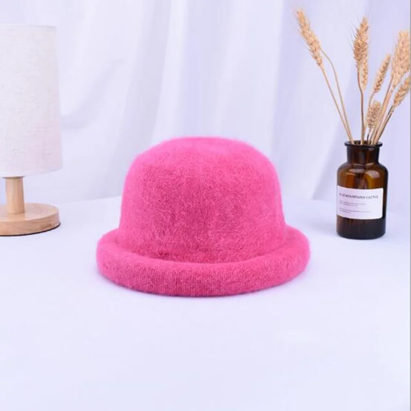 Winter Women New Cap Fur Thick Warm Bucket Hats Casual Solid Color Ladies Fur Fashion Cap Female H3 - Цвет: hot pink