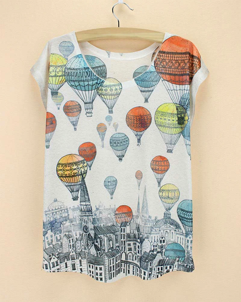 

Fire Balloon & Castle printed top tee 2015 new fashion t-shirt women summer clothing hot sale ladies plus size tees discount