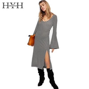 

HYH Woman dress stripes long paragraph low chest fashion simple wild striped speaker sleeves side fork cultivating dress