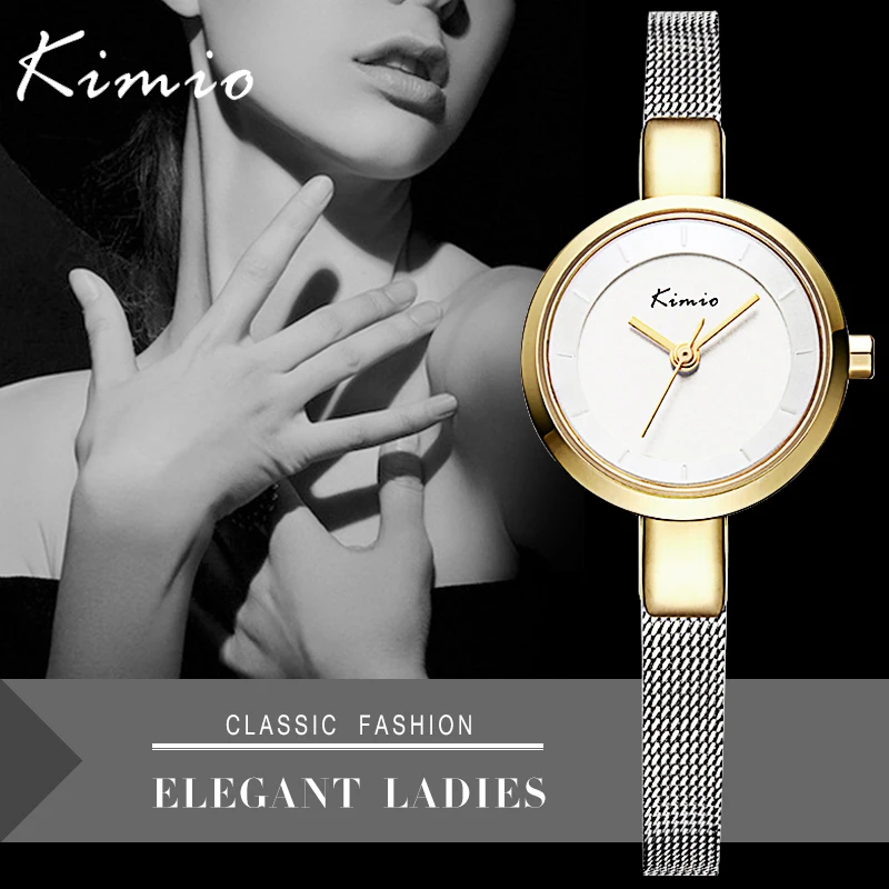 

KIMIO Hot Elegant Mesh Bracelet Band Ladies Wristwatches Simple Design Women Quartz Watch Gold Relogio Feminino