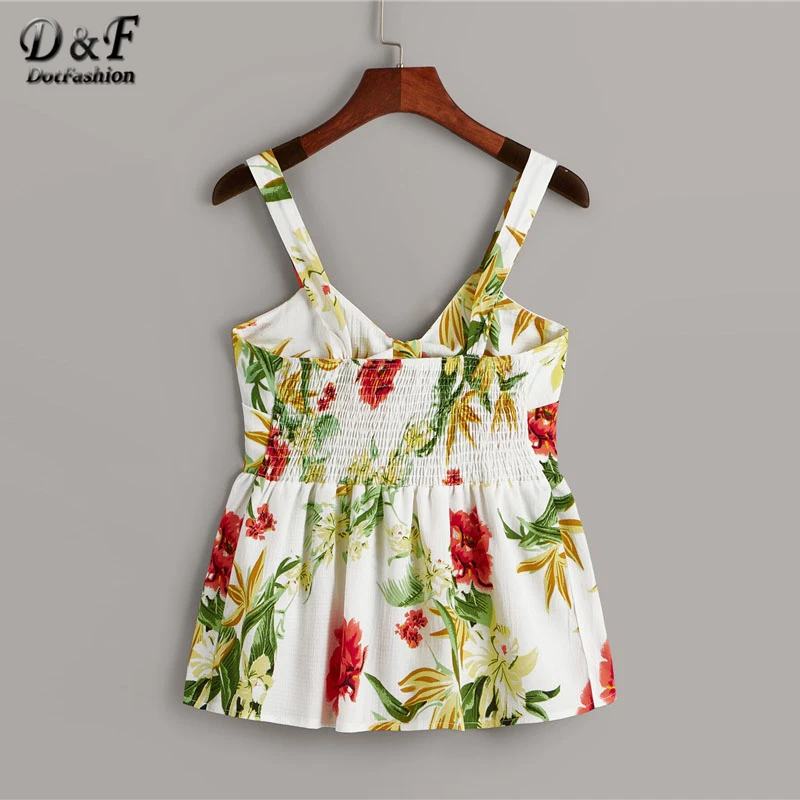 Dotfashion Beige Floral Print Tie Front Shirred Back Cami Tops For Women Summer Casual Clothing Vest Ladies Cute Camisole