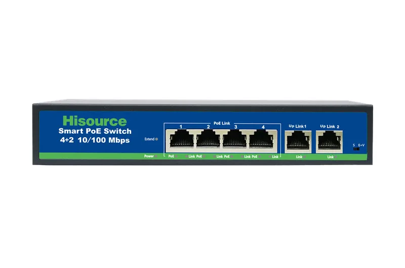 

4 port PoE Switch 10/100Mbps Smart Switch with 2*10/100mbps UP Link port 250 meter Rang Built-in Power Supply DC 52V 1.4A