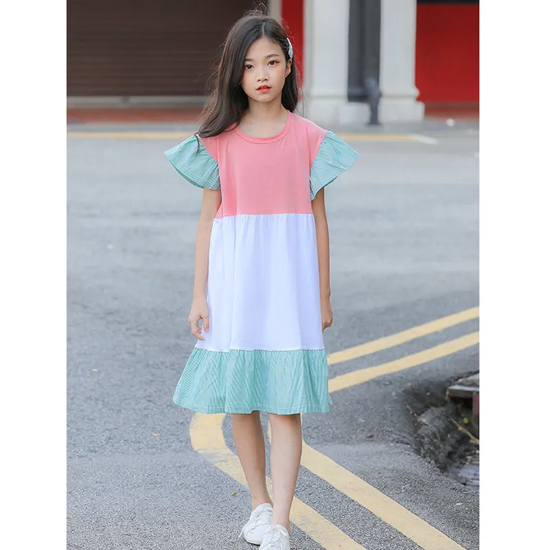 

big girls summer color-block flare sleeve cotton princess dresses 6 8 10 12 14 Years fashion children clothing kids ruffle dress