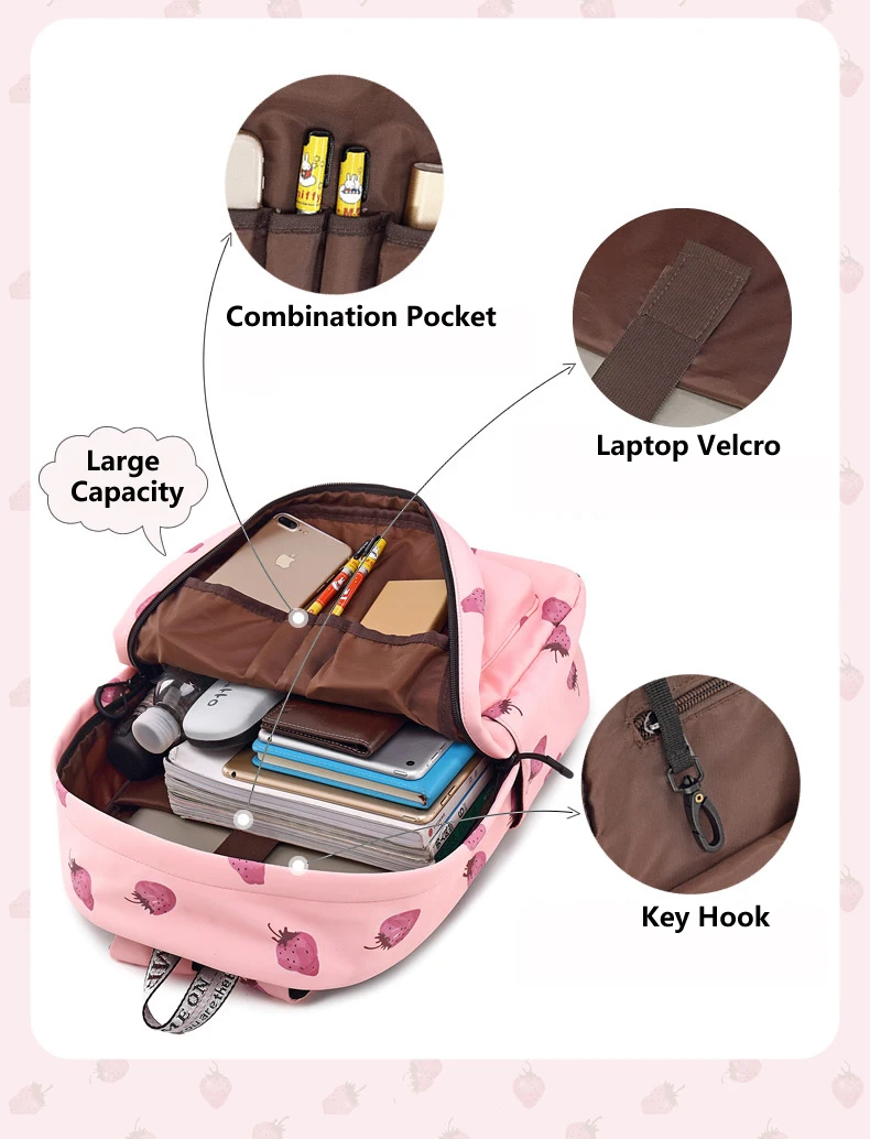 WINNER Fashion Backpack Girls Cute Cartoon Style School Backpack Kawaii Strawberry Print Backpack Bags For Women 2018 (8)
