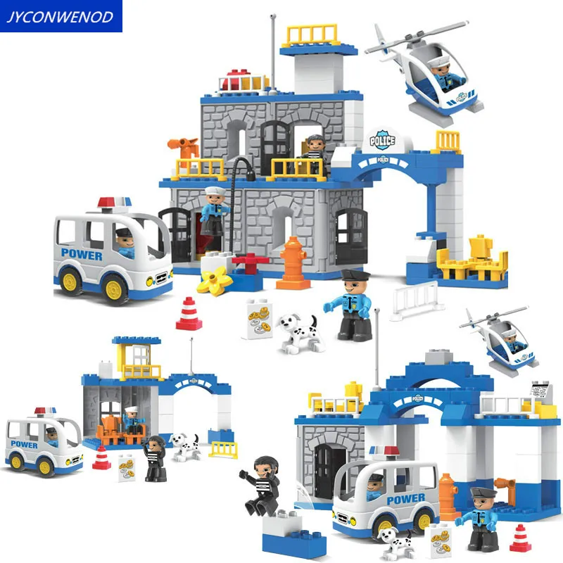 

36-90pcs Large Particle City Police Station Helicopter Model Building Bricks Kits Compatible With duploINGlys