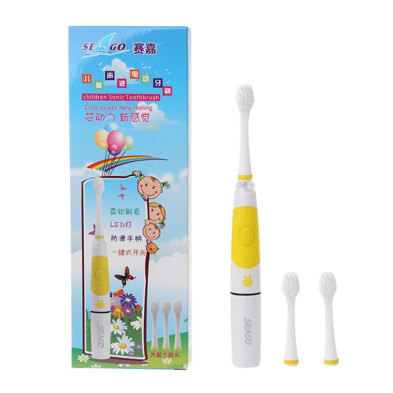 SEAGO звуковая электрическая зубная щетка Детская батарея зубная щетка светодиодный индикатор 3 головки - Цвет: yellow