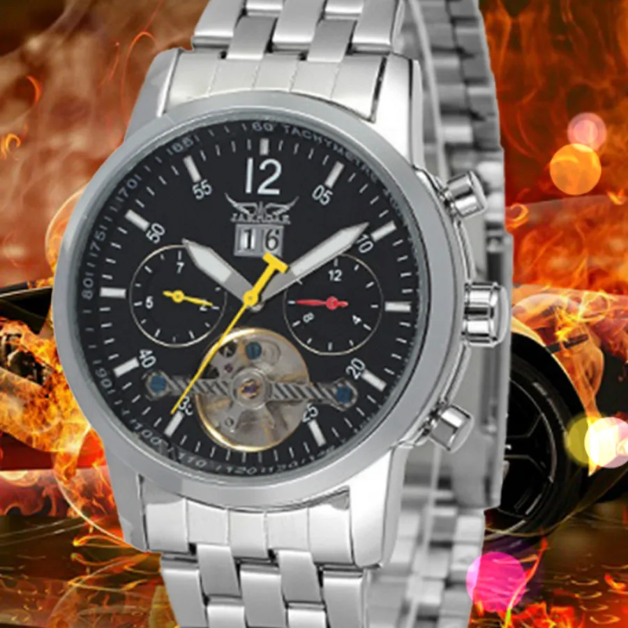 

New Calendar Date Day Display Silver Case Male Clock Sport Mechanical Hour Watches Men Luxury Automatic Tourbillon Watch
