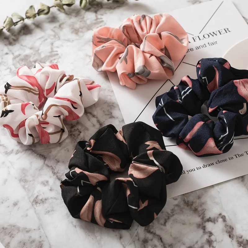 

New Fashion Girl Print Flower Flamingos Polka Dots Design Chiffon Fabric Hair Scrunchy Ponytail Holder Hair ties Gum Hair Bands