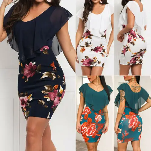 

Newly Women Summer Ruffle Sleeve Pencil Dresses Spliced Casual Party Evening V Neck Floral Print Lady Short Mini Dress