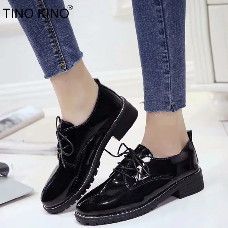 

TINO KINO Women Autumn Patent Leather Pumps Low Square Heels Lace Up Oxfords Ladies Classic Fashion 2019 New Female Casual Shoes