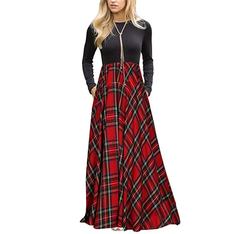 Новое весеннее шотландское платье в английском стиле, клетчатое платье с длинным рукавом, красное черное женское длинное платье Z136