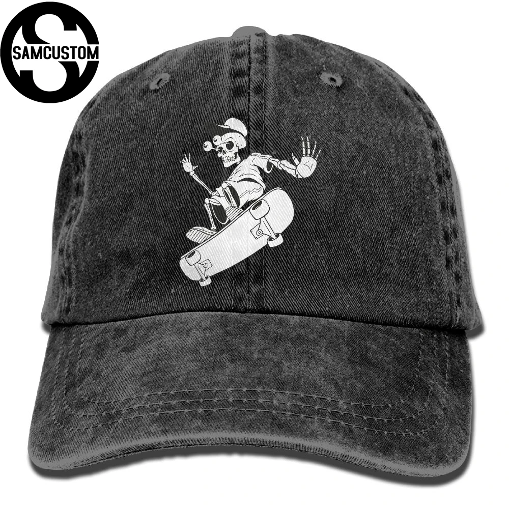 SAMCUSTOM Skull play skateboard 3D Creative personality Washed Denim Hats Autumn Summer Men Women Golf Sunblock Hockey Caps